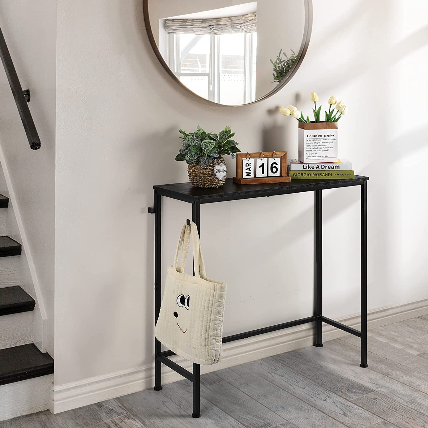 Narrow Console Entryway Table with Hooks, Black
