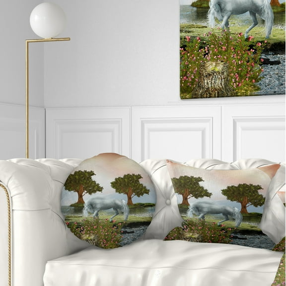 Designart White Horse and Green Trees - Landscape Printed Throw Pillow - 12x20