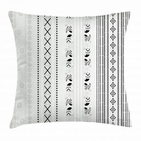 Henna Throw Pillow Cushion Cover, Vertical Stripes with Geometric Floral Old Fashioned Motifs Rangoli Inspired Design, Decorative Square Accent Pillow Case, 18 X 18 Inches, Black White, by