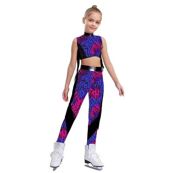 Haitryli Kids Girls 2-Piece Figure Skating Outfits Tassel Crop Top with Leggings for Gymnastic Performance Black 10