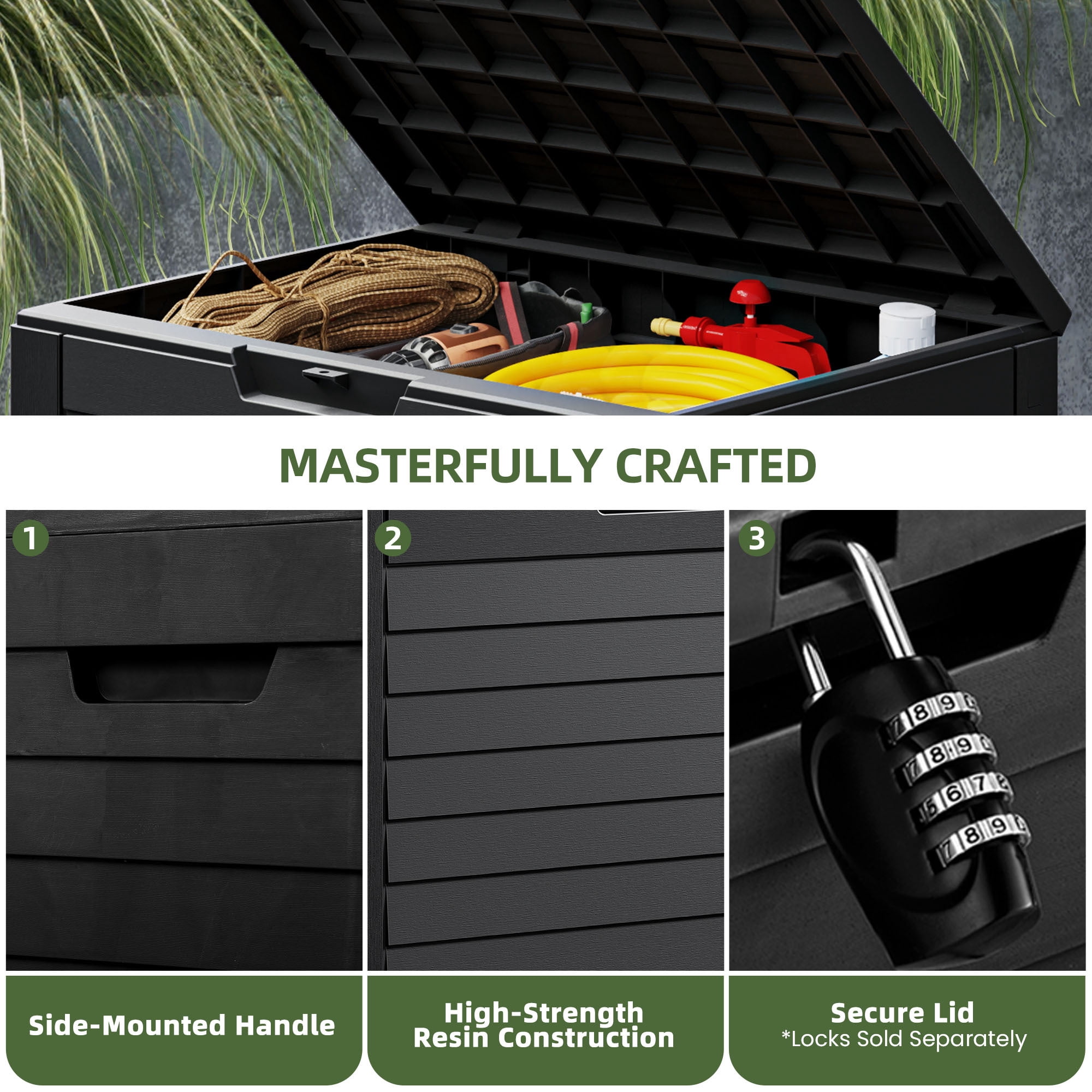 Uforic 35 Gallon Outdoor Resin Storage Box, Waterproof Lockable Deck Box, Package Delivery Box for Patio Cushions, Pool Supplies, Garden Tools, Black