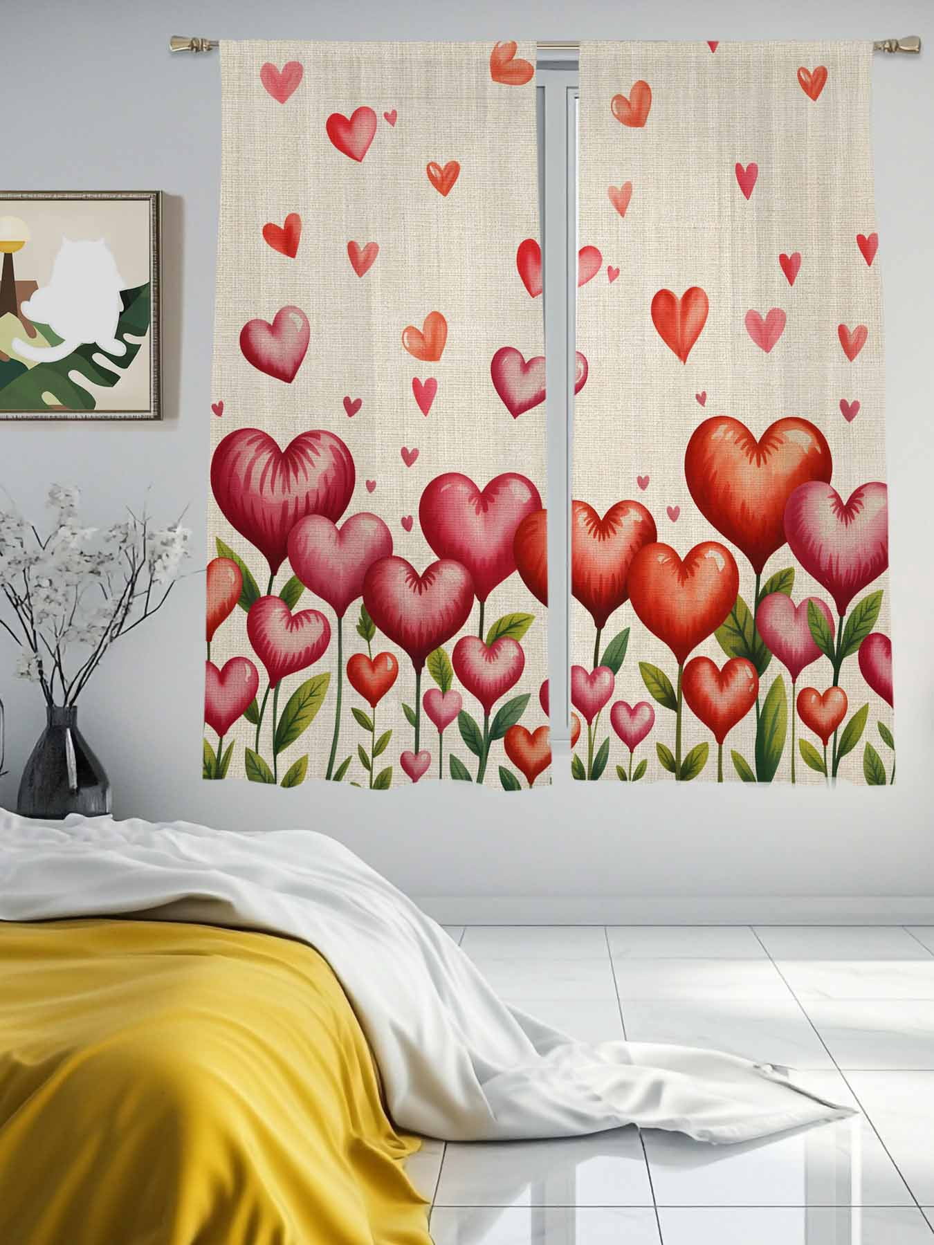 Valentine's Day Sheer Curtains 2 Panels Set Watercolor Red Pink Love Heart Floral Plant Linen Texture Sheer Window Curtains Light Filtering Rod Pocket Voile Drapes for Bedroom Living Room 52"X72"