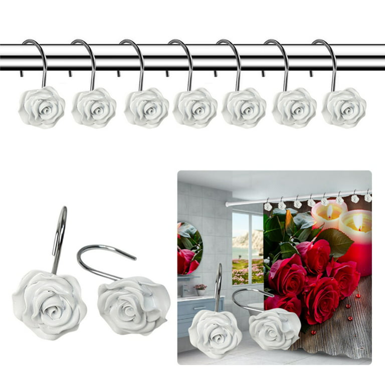 12pcs Shower Curtain Hooks, Home Decorative Rustproof Shower Curtain Hooks  Resin Rose Flower Shower Hooks Rings for Bathroom Shower Rods Curtains,  Pink Rose 