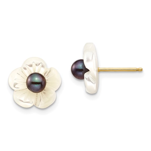 Primal Gold 14 Karat Yellow Gold 3-4mm Black Freshwater Cultured Pearl with 10 mm Mother of Pearl Flower Post Earrings