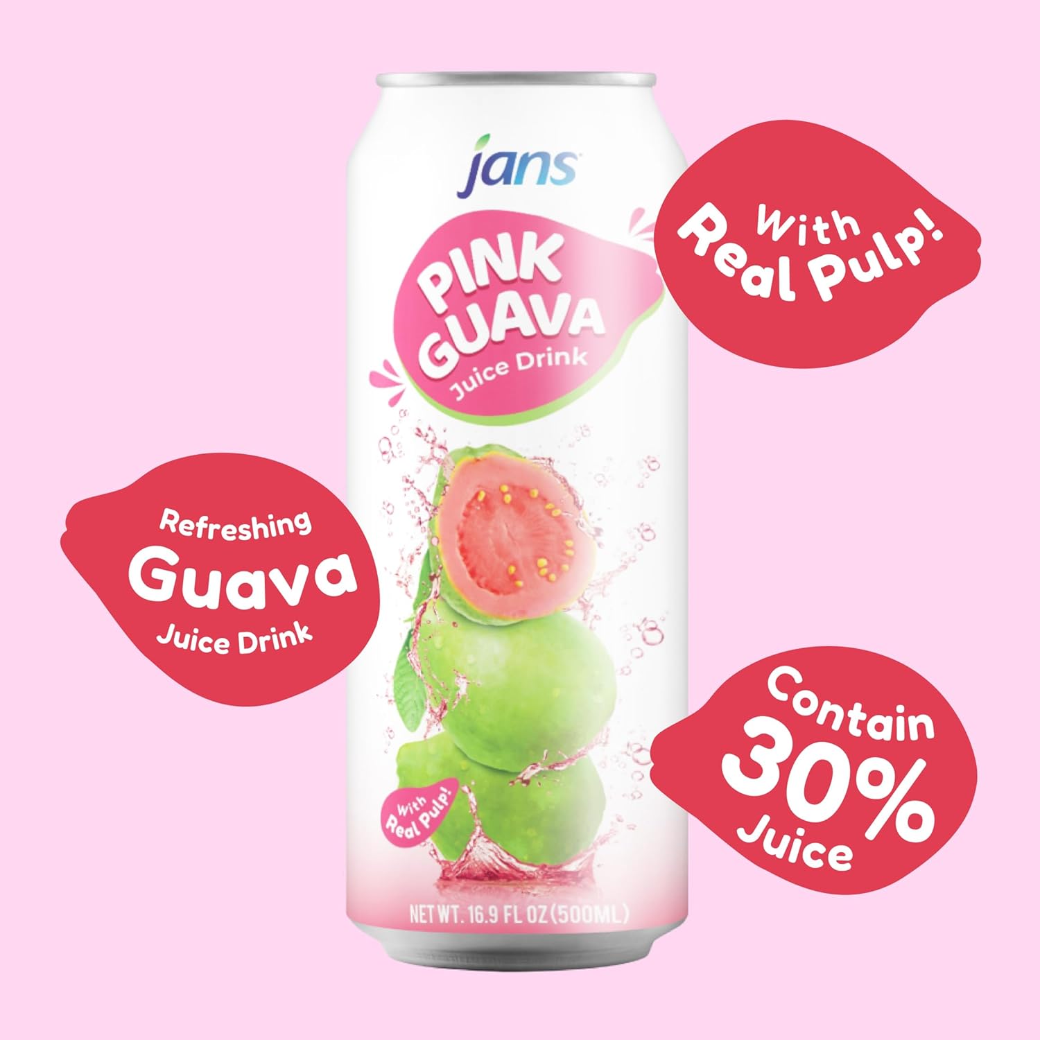Jans 30% Pink Guava Juice Drink with Pulp 16.9 oz (Pack of 12)