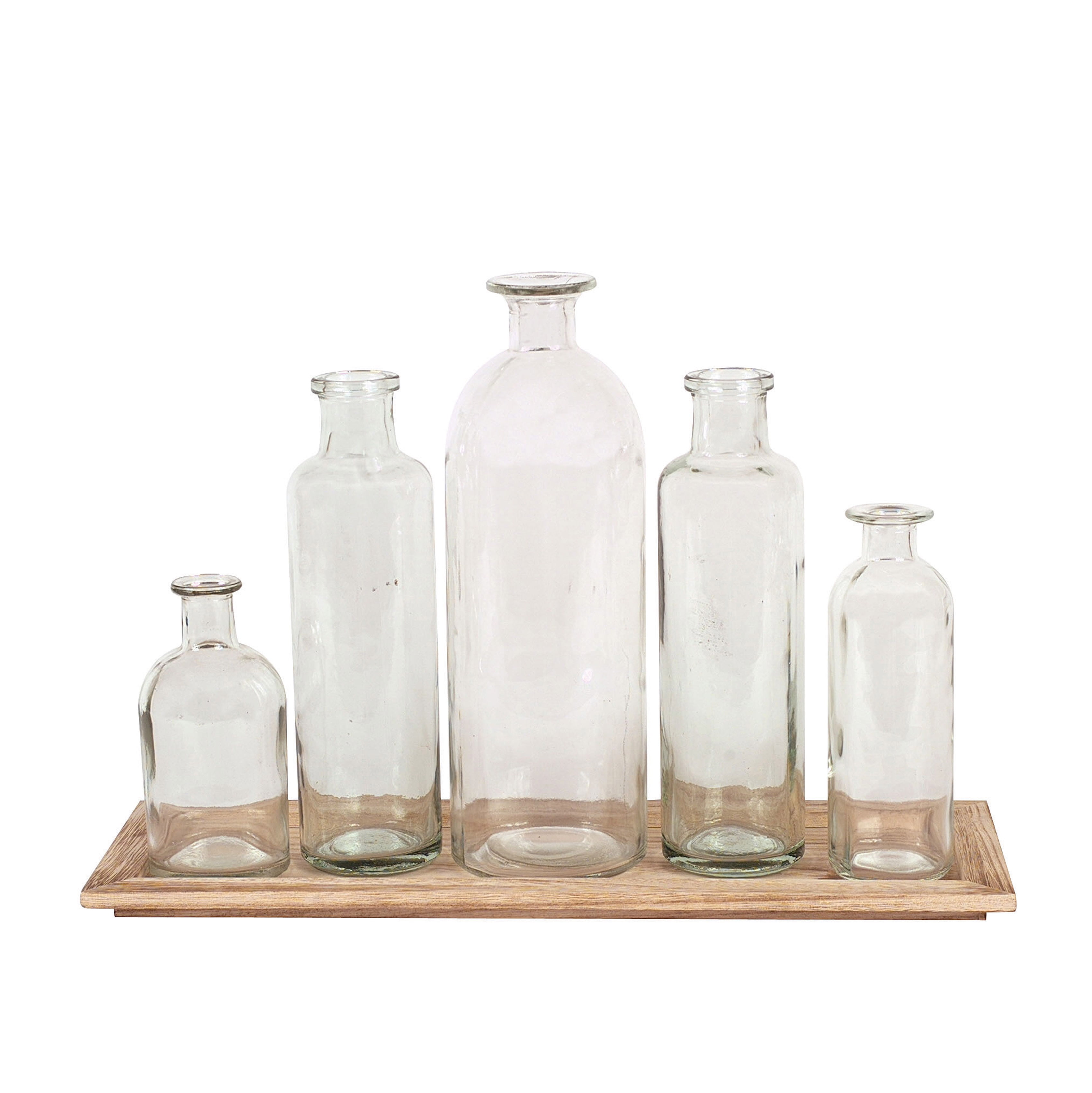 Woven Paths Vintage Bottle Vases on Wood Tray, 6 Pieces