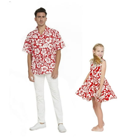 

Matching Father Daughter Hawaiian Luau Dance Shirt Vintage Dress Classic Hibiscus