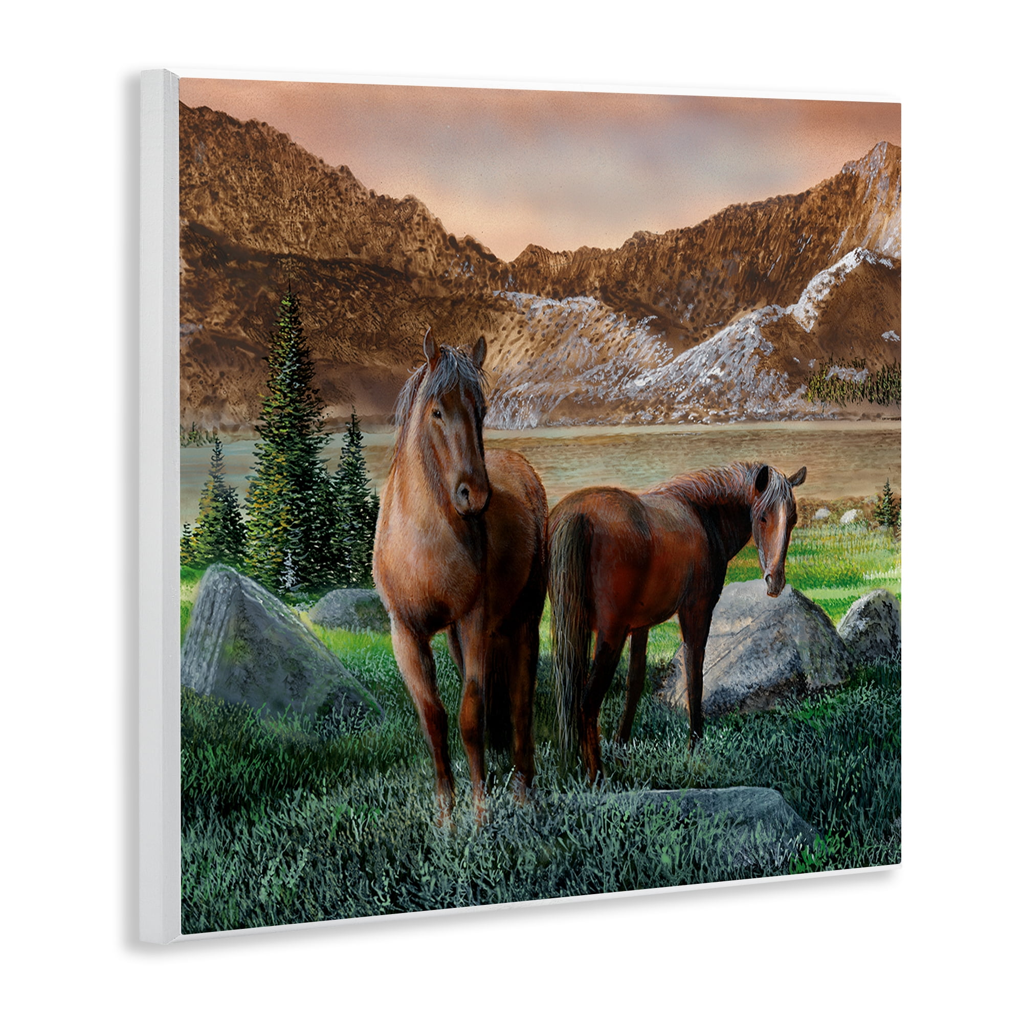 Stupell Industries Two Horses by Mountain Landscape & Nature Painting Unframed Art Print Wall Art, 12 x 12