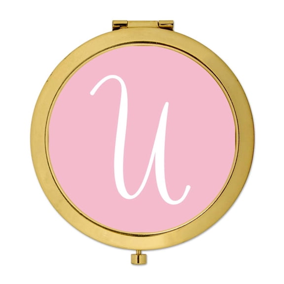 Koyal Wholesale Gold Compact Mirror Bridesmaid's Wedding Gift, Blush Pink, Monogram Letter U, 1-Pack
