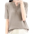 thumbnail image 2 of Chbgutlmr Womens Ribbed Tops Elbow Length Sleeve Notch Neck Button T-Shirts Casual Comfy Summer Plain Color Tops, 2 of 3