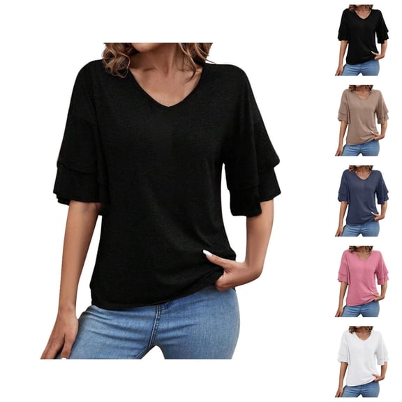 Womens T Shirts Summer Tops 2025 Solid Color V-Neck Double Layer Flared Mid Sleeve Loose Tees Tshirts Shirts for Women