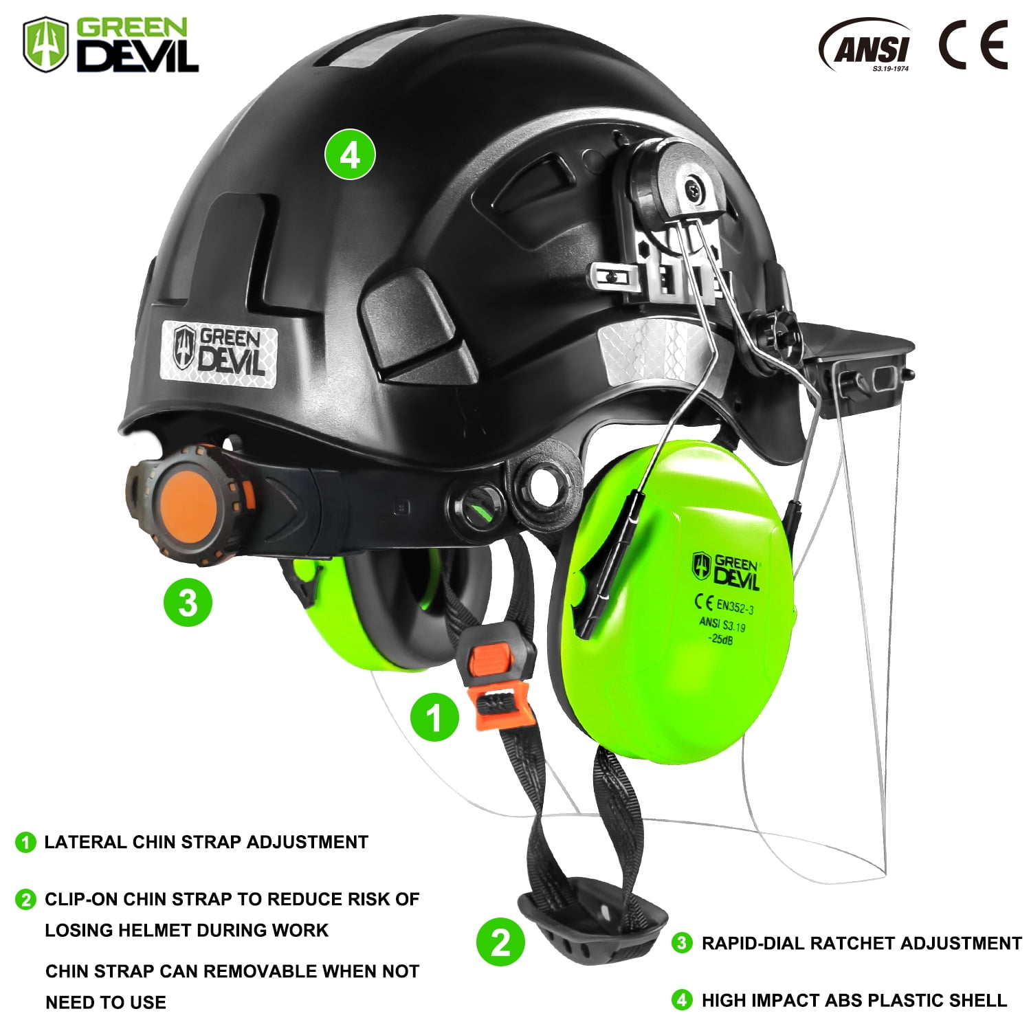 GREEN DEVIL Chainsaw Helmet with Face Shield and Ear Muffs  3‑in‑1 Forestry Helmet System  Hard Hat for Logging Arborist Construction