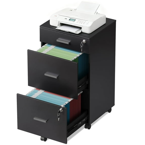 GALAXHERO File Cabinet 3-Drawer Rolling Wood Cabinet for Home Office with Lock, Fits Letter/A4 Size, Black