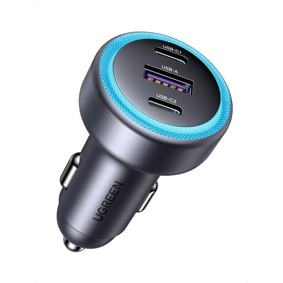 Cargador Auto USB C UGREEN Plata con 30W de Carga Rápida y 3 Puertos