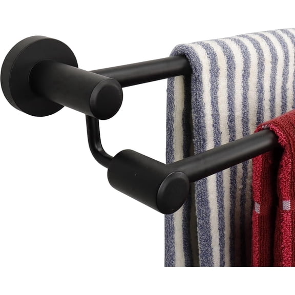 Matte Black Double Towel Rack for Bathroom & Kitchen - 24 Inch Heavy Duty Double Towel Bar with Staggered Design, Space-Saving Wall Mounted Towel Bar