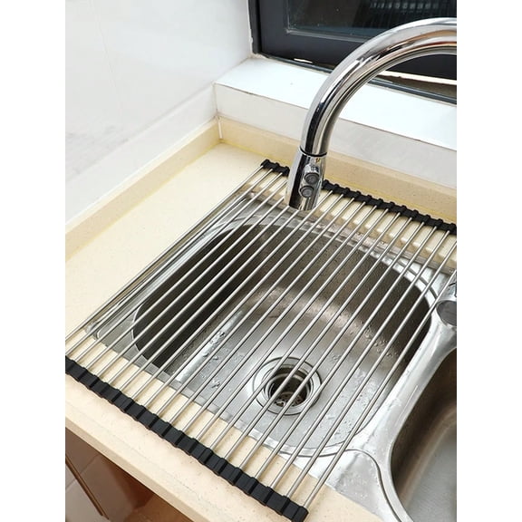 1 Pack Rollable Stainless Steel Over Sink Dish Drying Rack, Silicone Wrapped Roll Up Dish Drain Board Kitchen Sink Organizer