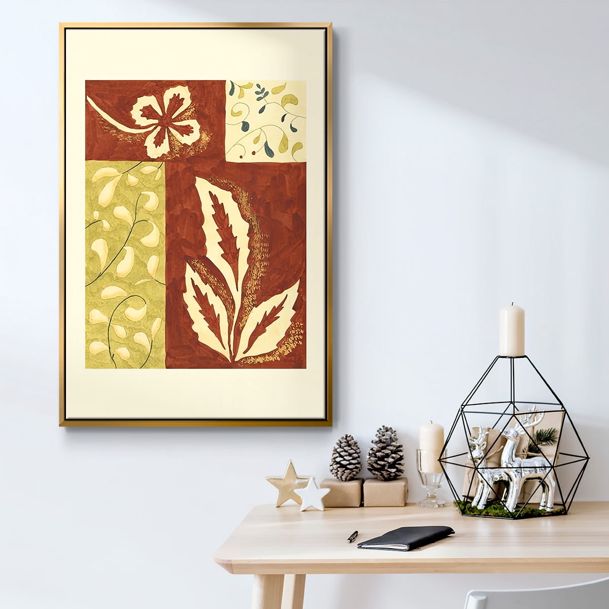 Festive Floral I - Framed Gallery Wrapped Holiday Canvas - 27 x 41 - Gold Frame