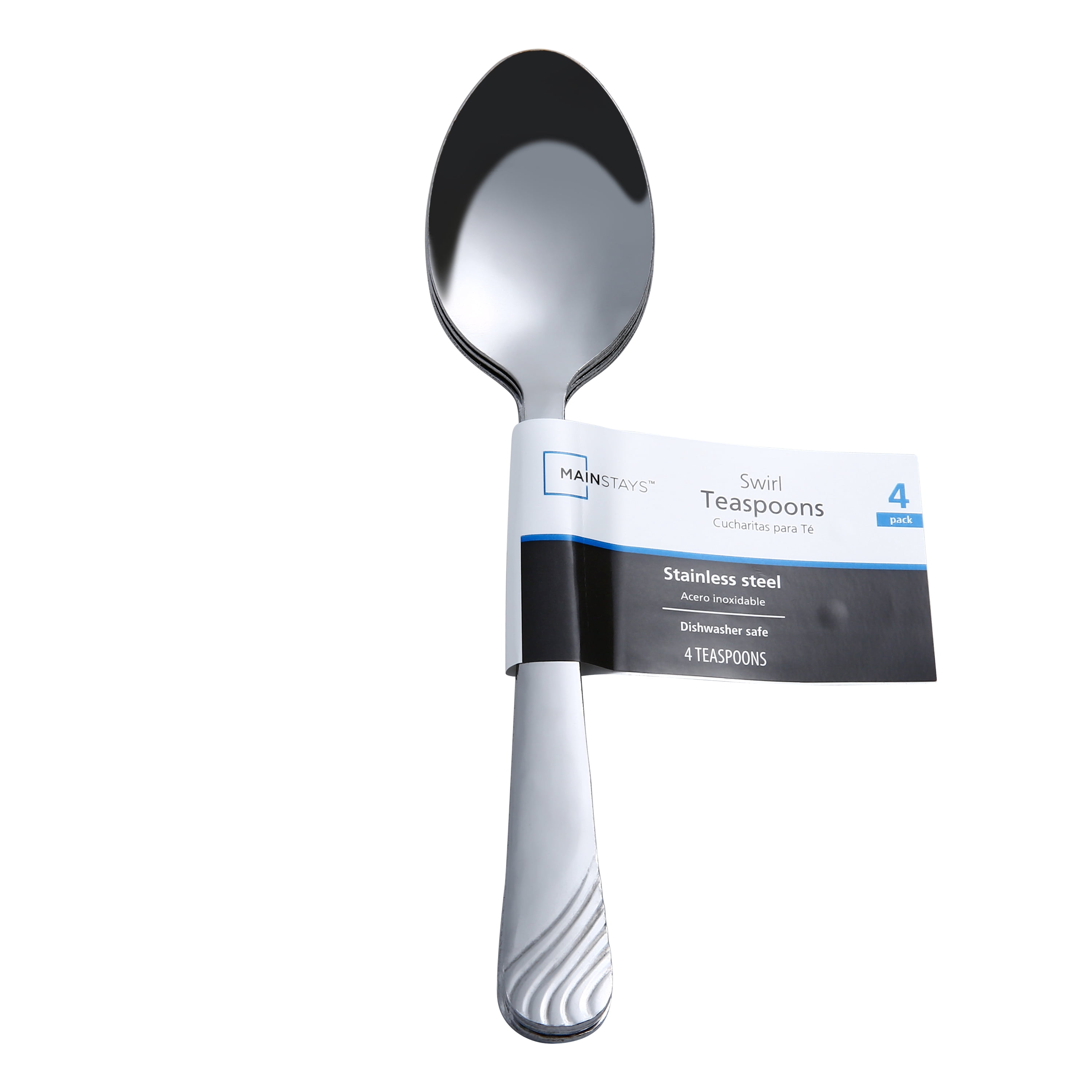 Mainstays Teaspoons Swirl Stainless Steel, Adult, 4 Piece Set, Silver