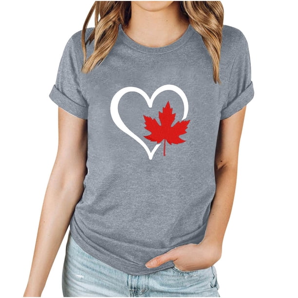 Camisetas de Manga Corta para Mujeres Canadá Día Hoja de Arce Impresión Básica de Verano Tee, Cuello Redondo Camiseta Casual
