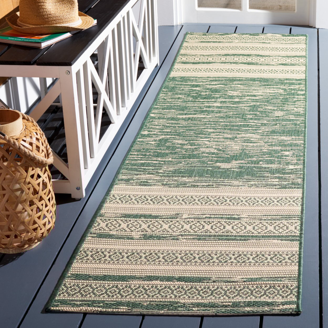thumbnail image 3 of SAFAVIEH Courtyard Galen Striped Indoor/Outdoor Area Rug, Dark Green/Beige, 4' x 5'7", 3 of 9