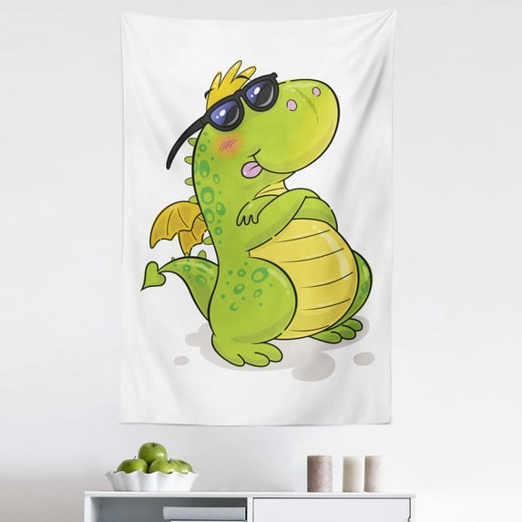 Dragon Tapestry, Funny Cartoon Style Character in Sunglasses Summer Vibes, Fabric Wall Hanging Decor for Bedroom Living Room Dorm, 5 Sizes, Apple Green Multicolor, by Ambesonne