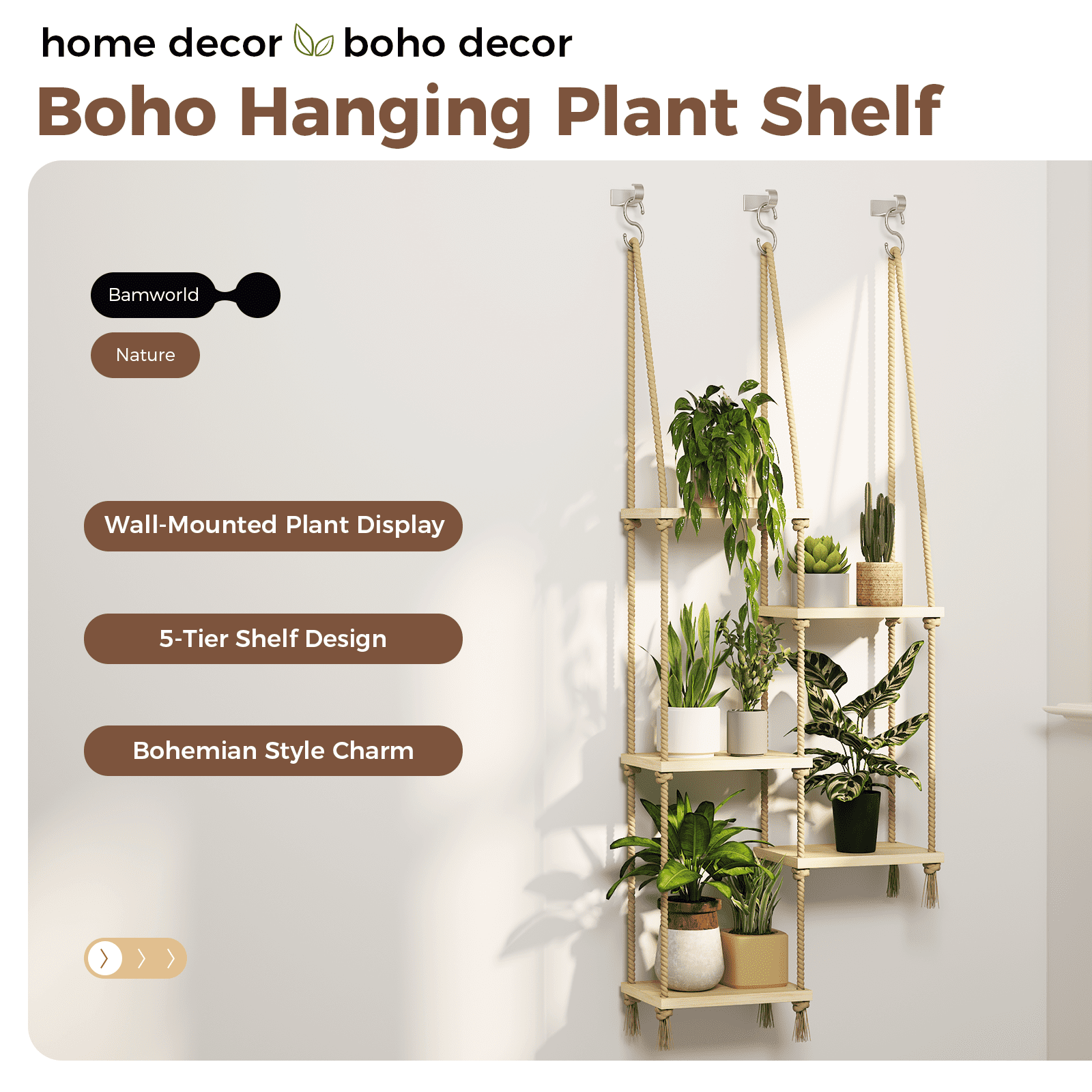 Bamworld Window Plant Shelf with Cotton Ropes for Indoor Plants, Living Room or Garden Decor