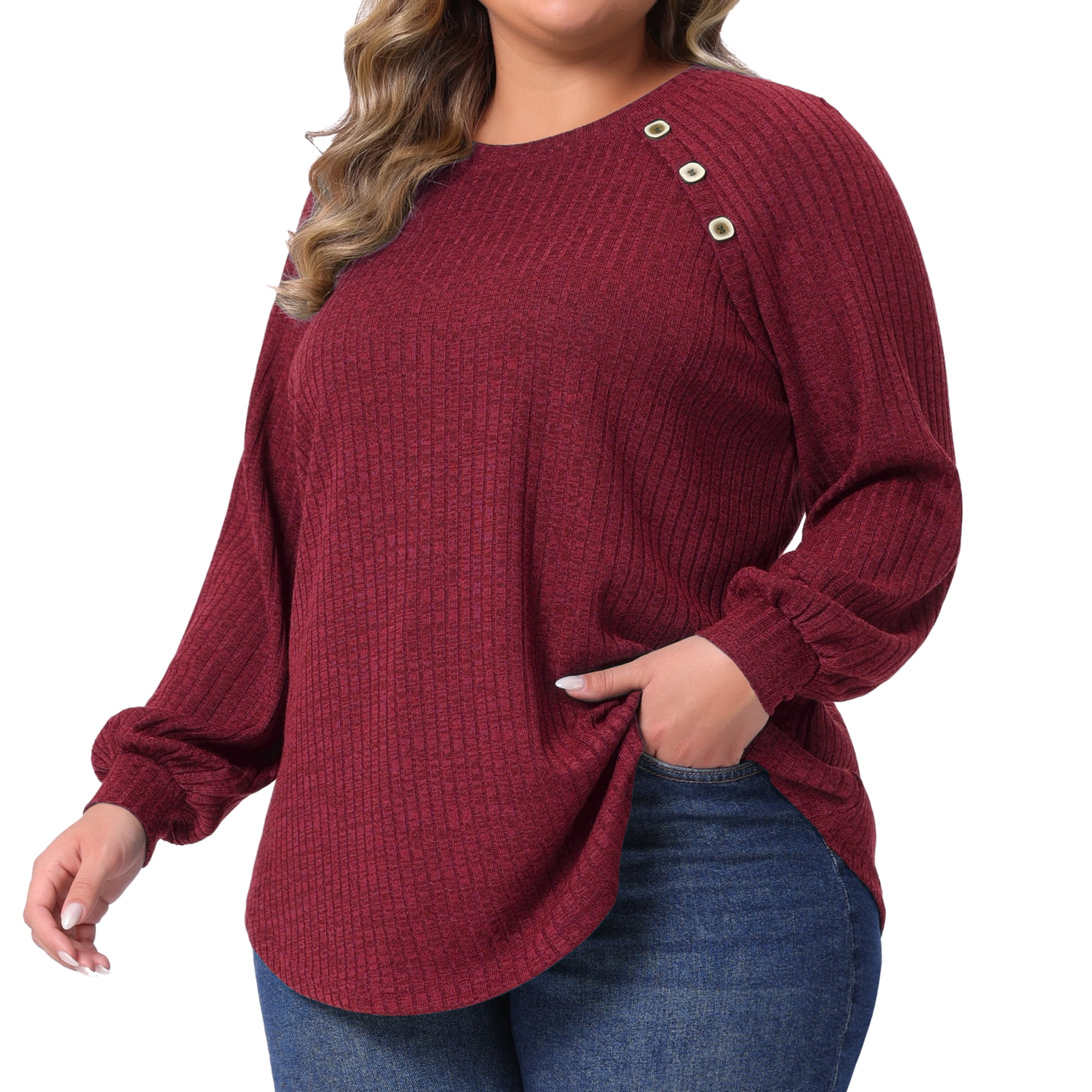 DARING DIVA Women's Plus Tops Crew Neck Button Decor Pullover Blouses 3X Burgundy