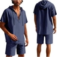 thumbnail image 1 of Conjunto de Pantalones Cortos para Hombre 2 Piezas Outfits Color Sólido Botón Cordón de Lino Camiseta con Capucha Y Pantalones Cortos de Playa, 1 of 9