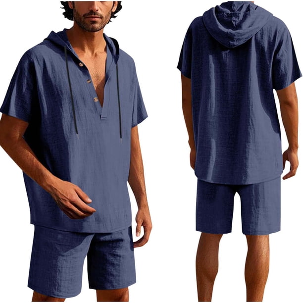 Conjunto de Pantalones Cortos para Hombre 2 Piezas Outfits Color Sólido Botón Cordón de Lino Camiseta con Capucha Y Pantalones Cortos de Playa