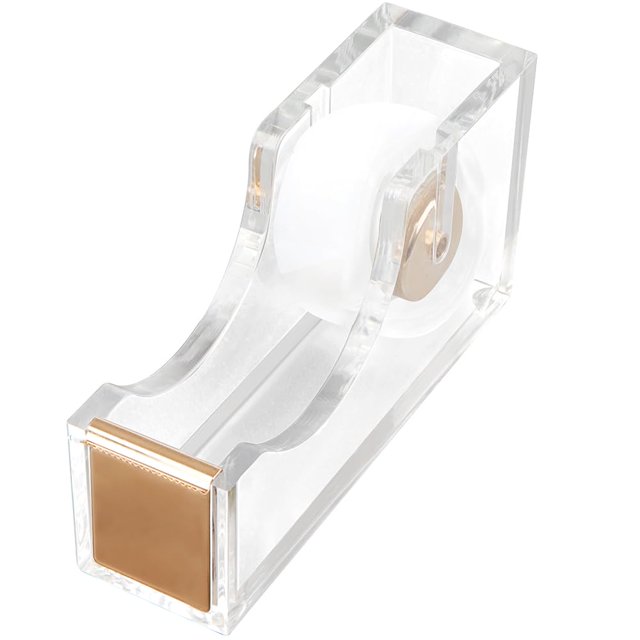 Dispensador de cinta dorada acrílica, Kit dispensador de escritorio de acrílico transparente, dispensador de cinta de escritorio de oficina de diseño moderno