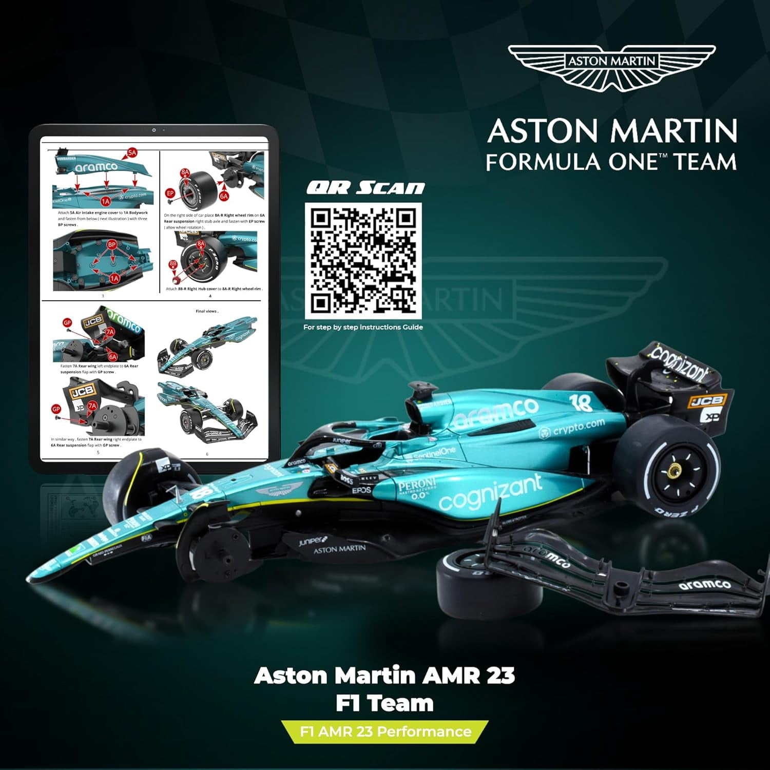 Formula 1 AMR 23 Model kit - 1:18 Scale Racing F1 AMR 23 Aramco Model Inspired by Fernando Alonso & Lance Stroll Building kit, Collectible diecast, 140 Pieces