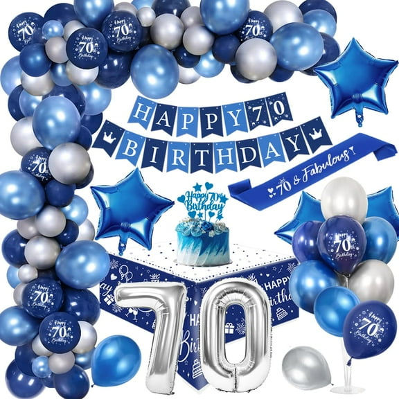 Blue and Silver 70th Birthday Decoration for Men Women, Navy Blue Silver 70th Balloon Birthday Party Decorations, 70th Happy Birthday Banner, Number 70 Balloons for 70th Birthday Party Decorations