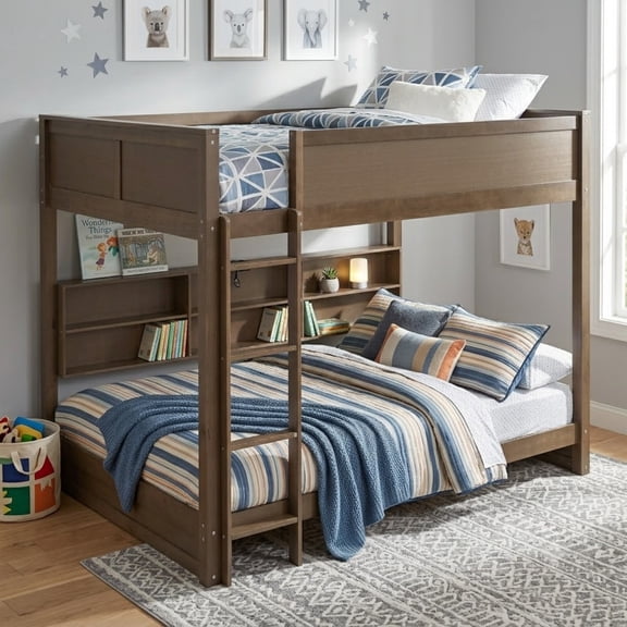 Queen over Queen Size Bunk Bed with Bookshelves, Solid Wood Queen Size Bunk Beds with USB Ports and Ladder for Kids Teens Adults, No Box Spring Needed