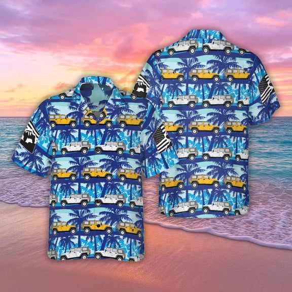Tropical Blue Jeep Hawaiian Shirt, Transport Aloha Shirt, Summer Vacation Clothing, Hawaii Tee