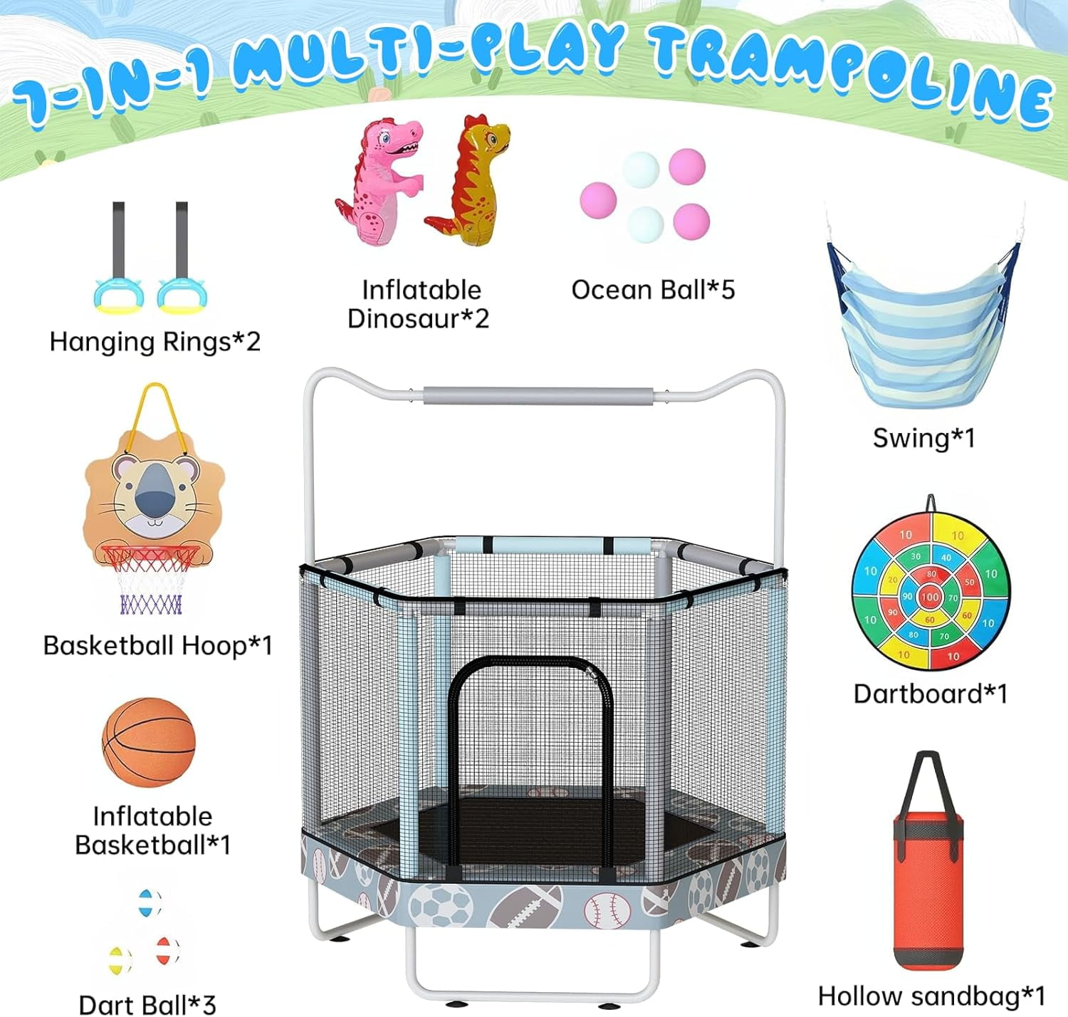 Baxluxe Toddler Trampoline for Kids Ages 3-8, 55in 7-in-1 Upgraded Indoor Trampoline with Net ,500lbs Capacity Safe Trampoline Toys,Inside Mini Trampoline Boys Girls Outdoor Adjustable Height