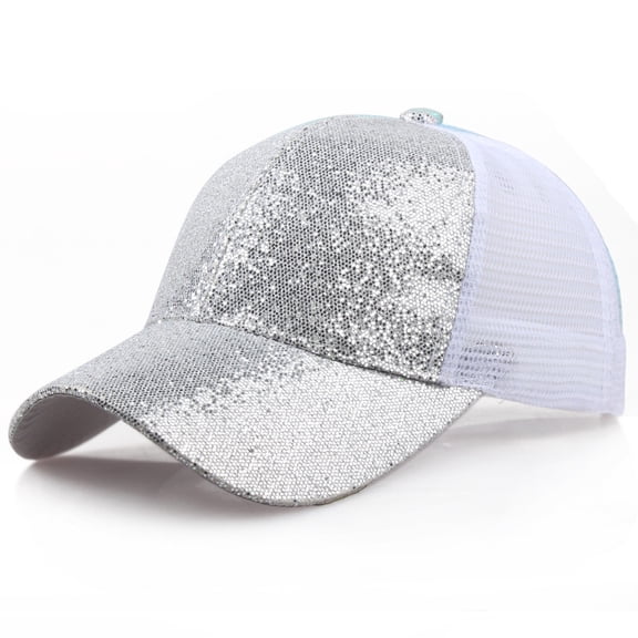 MRULIC baseball cap Women Girl Ponytail Baseball Cap Sequins Shiny Messy Bun Snapback Hat Sun Caps Silver L