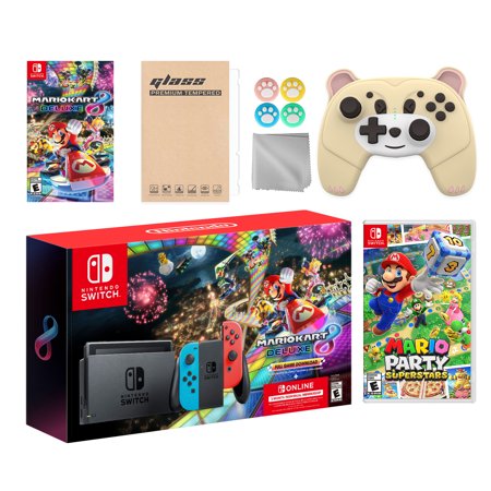 Nintendo Switch Mario Kart 8 Deluxe Bundle: Red/Blue Console, Mario Kart 8 & Membership, Mario Party Superstars, Mytrix Wireless Pro Controller Peary Yellow Bear and Accessories