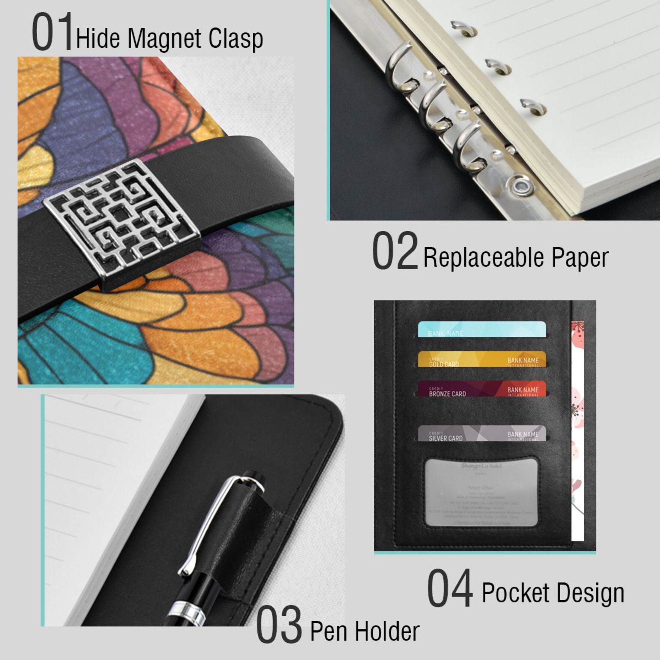 Leather Planner Leather Notebook Notebook Journal Binder Design Pen Pocket Design Convenient for Storage Stained Glass Butterfly