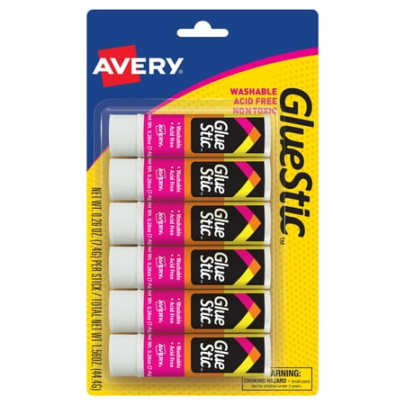 Glossy Permanent Adhesive - Avery Glue Stic White, 0.26 oz., Washable, Nontoxic, Permanent Adhesive, 6 Glue Sticks