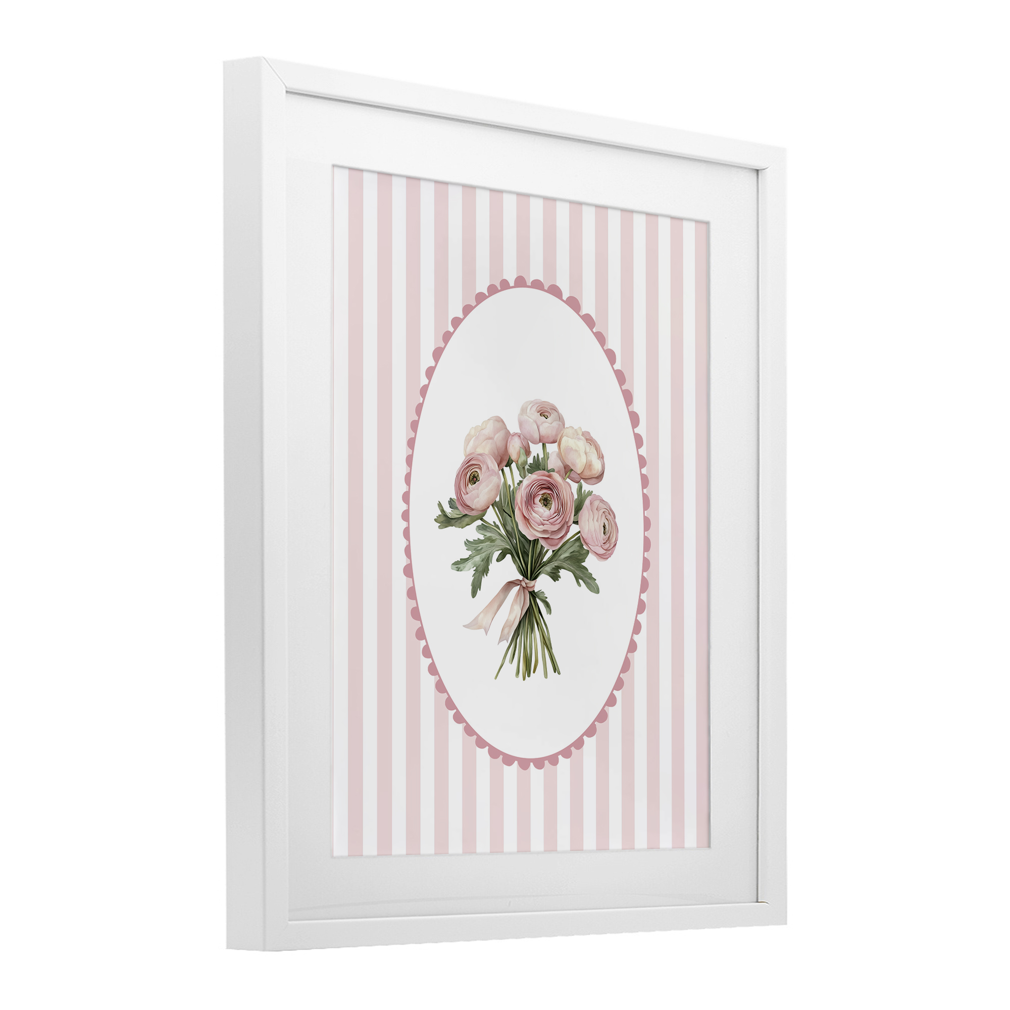 Peony Bouquet on Gentle Stripes White Framed Print Under Glass, design by Christine Simpson Art