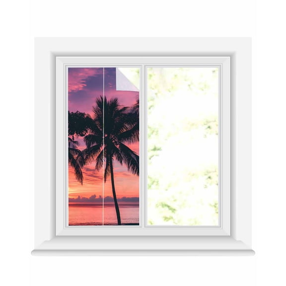 Window Privacy Film Summer Palm Tree Stained Glass Window Film Decorative Sun Block Window Cover Sunset Ocean Botanical Leaf Window Clings Static Adhesive Sticker for Bathroom 19.6"x39.3"