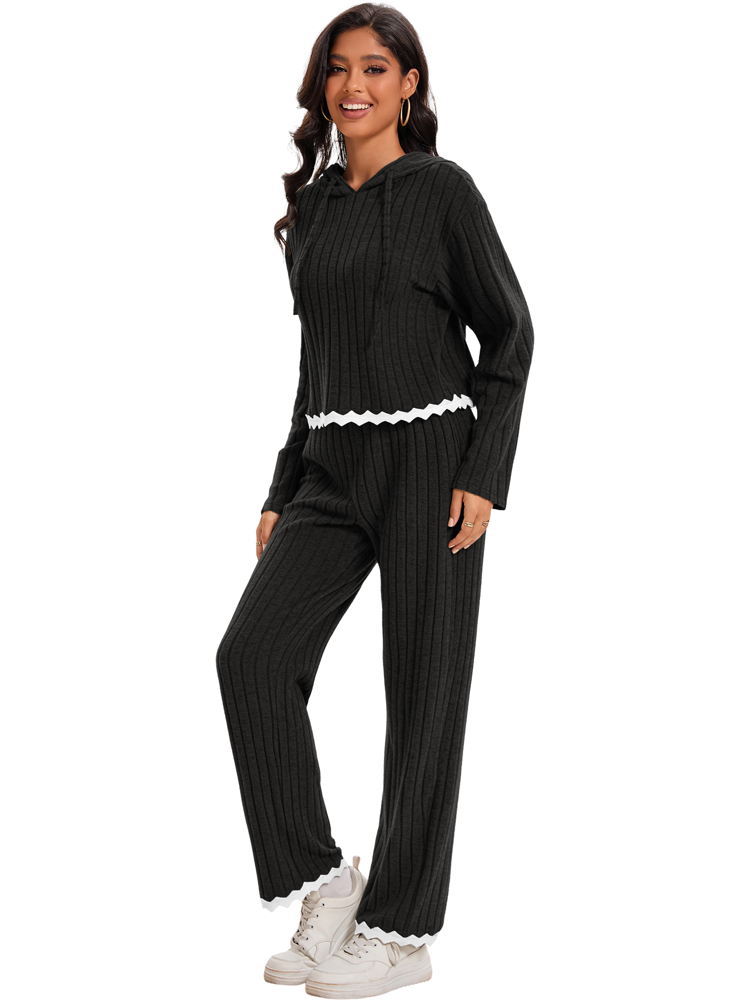 DARING DIVA Women's Lounge Set with Wide Leg Pant and Hoodie Top S Black