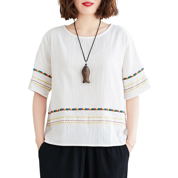 Blusa holgada de mujer con rayas bordadas y mangas cortas, camisetas vintage