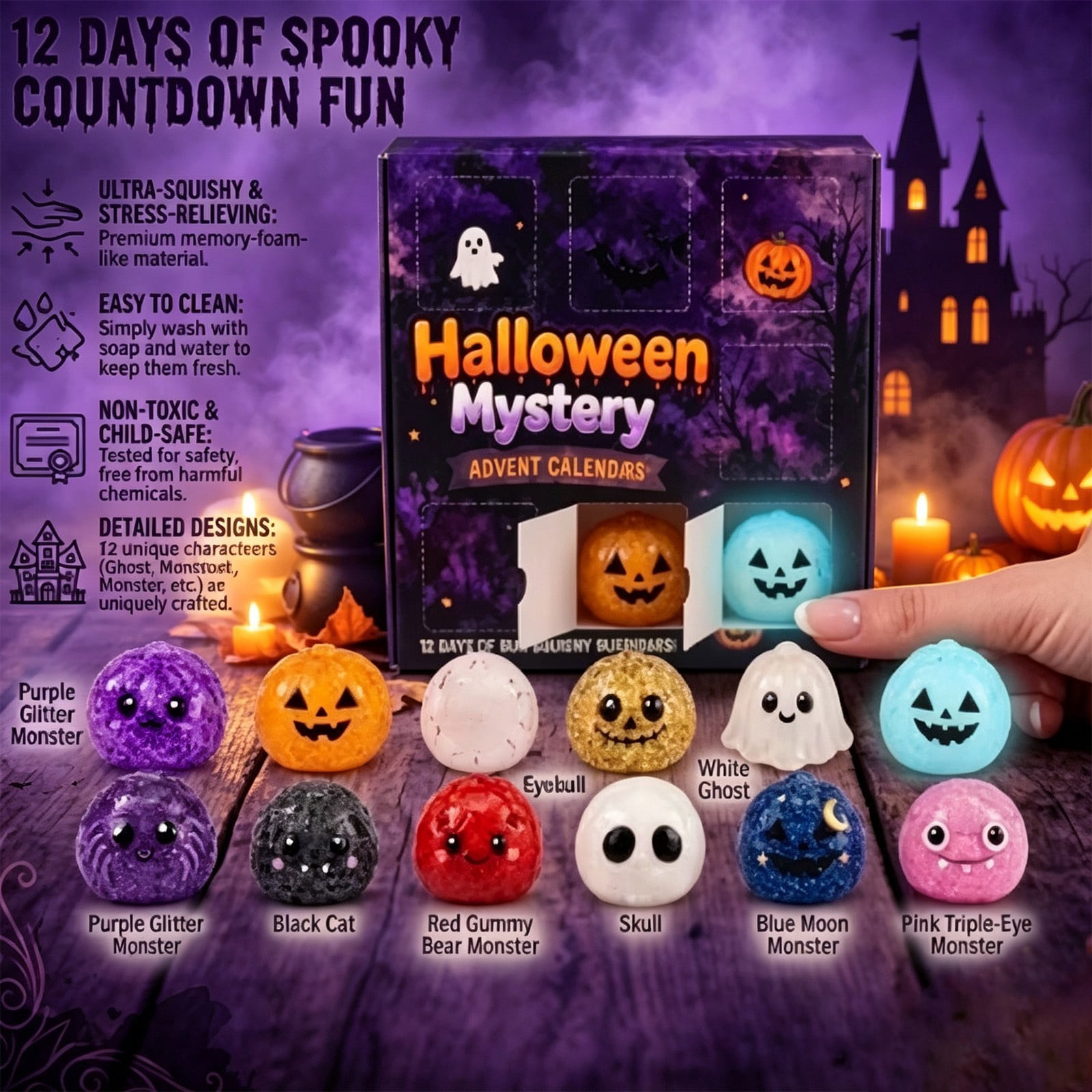 Crazy Fun RMS Halloween Dumpling Squishies Toys - Halloween Mystery Advent Calendar, 12 Days of Spooky Bao Bun Squishiesies Surprises with Glitter Fun, Stress Relief Toys for Adults