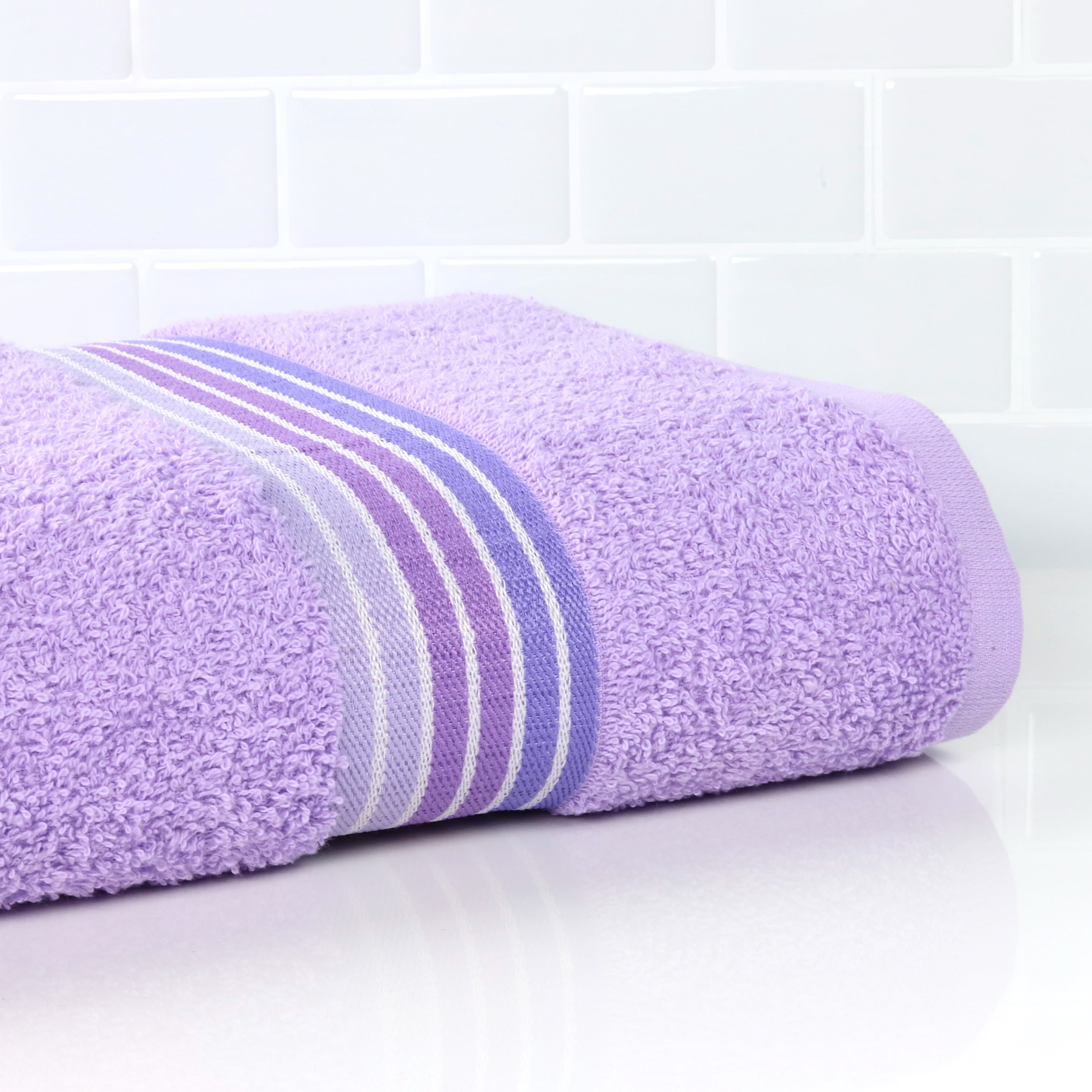 (2 pack) Mainstays Basic Bath Towel, Soft 100%  Cotton and Highly Absorbent Striped Bath Towel, Purple
