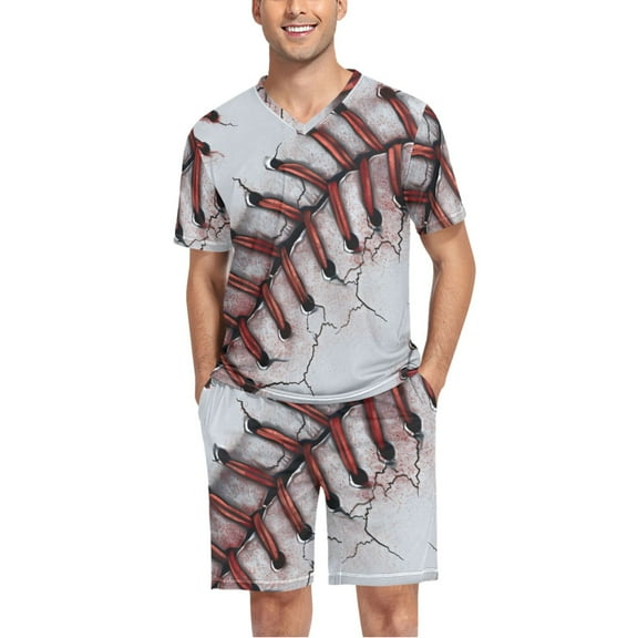 joogoo Men's Pajama Set Baseball Pattern V-Neck Pj Shorts Set 2 Piece Loungewear Sleepwear L