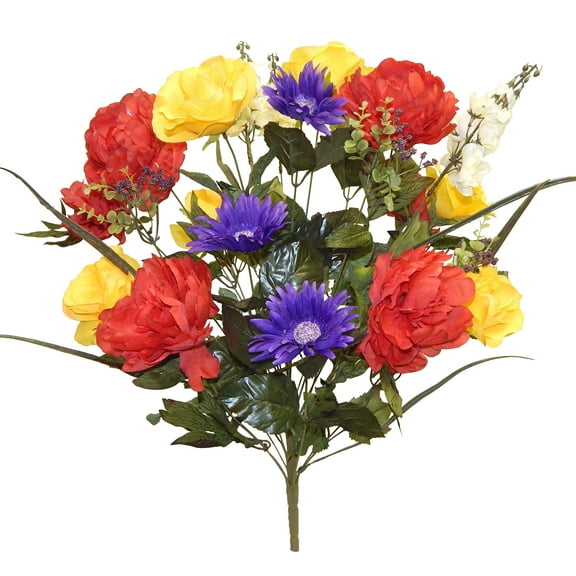 Peony Rose Daisy Delphinium with Eucalyptus 28in Artificial Polysilk Faux Greenery Fake Flower Bush for Craft Home Bouquet Arrangement Ceremony Wedding Floral Wall Decor (Red Purple Yellow, One each)
