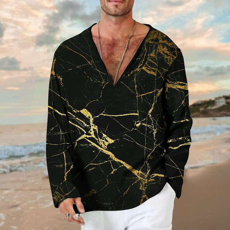 Male Summer Casual V Neck Long Sleeve 3D Print T Shirt Blouse Tops T Shirt  Men T Shirts Gold XL 
