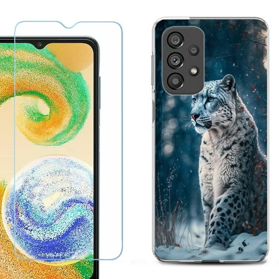 Shockproof Fashion Phone Case for Samsung Galaxy A23 5G, with Tempered Glass Screen Protector, by OneToughShield ® - Snow Leopard
