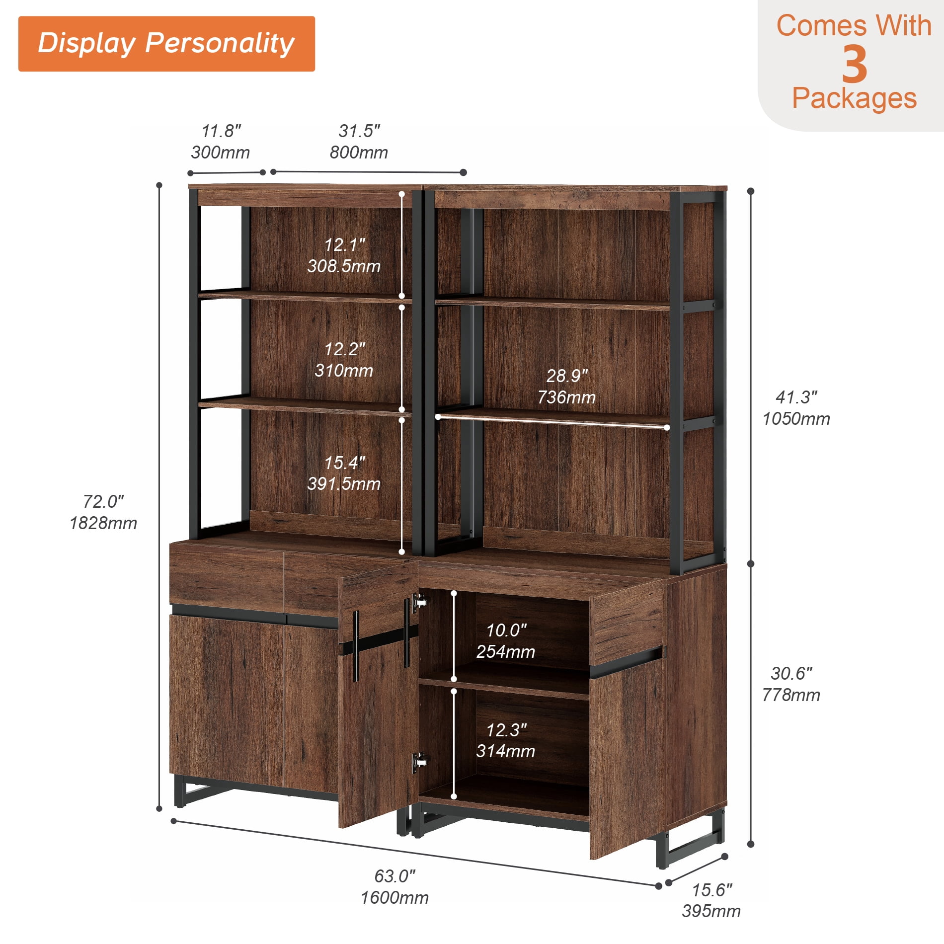 2 PCS Modern 72 Inch Tall Bookcases with Metal Base, Freestanding Library Book Shelf Set with Adjustable Shelves, Closed Storage Cabinet and Open Shelves for Home Office, Living Room